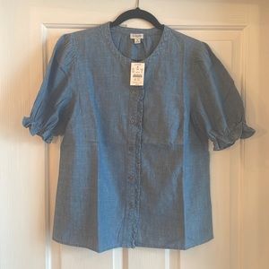 NWT J.Crew Chambray Puff Sleeve Ruffle Top - Size M